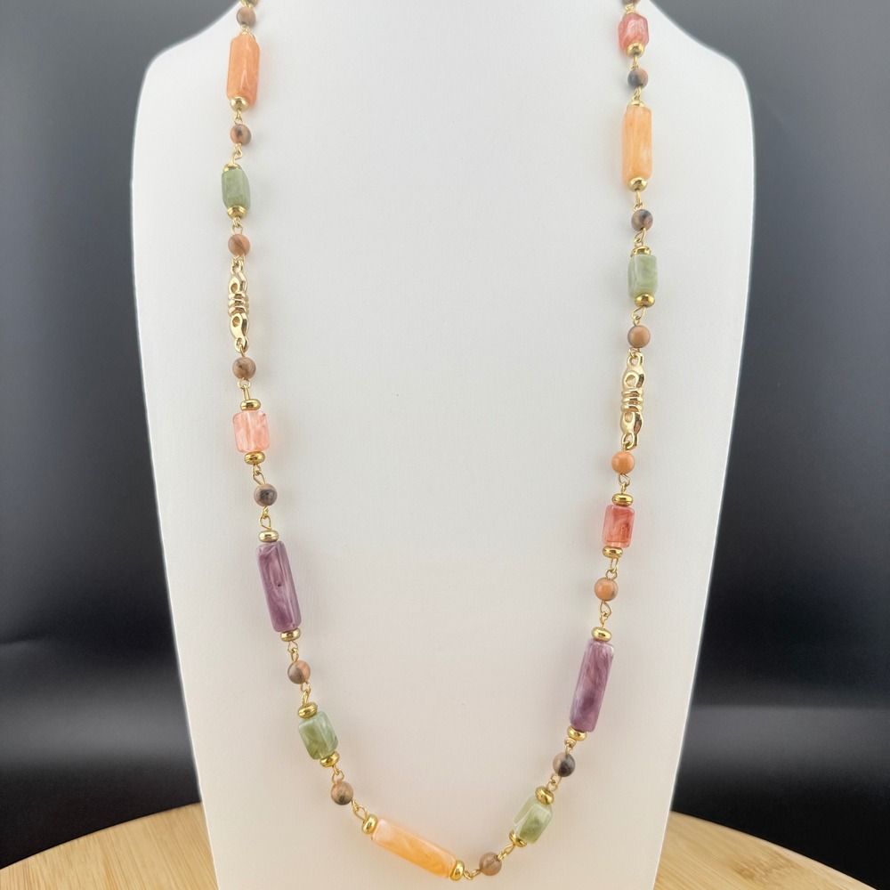Vintage Multi Color Faux Stone Cylinder Bead Necklace Boho